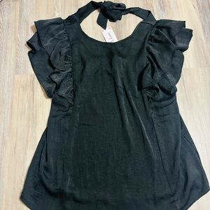 Women’s Black Ruffled Blouse, Bow Back by L Love NWT Size Large